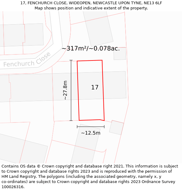 17, FENCHURCH CLOSE, WIDEOPEN, NEWCASTLE UPON TYNE, NE13 6LF: Plot and title map