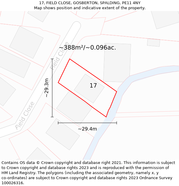 17, FIELD CLOSE, GOSBERTON, SPALDING, PE11 4NY: Plot and title map