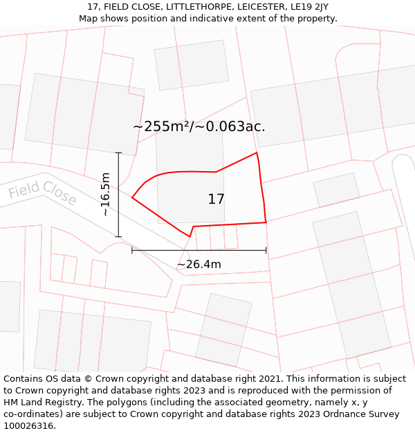 17, FIELD CLOSE, LITTLETHORPE, LEICESTER, LE19 2JY: Plot and title map