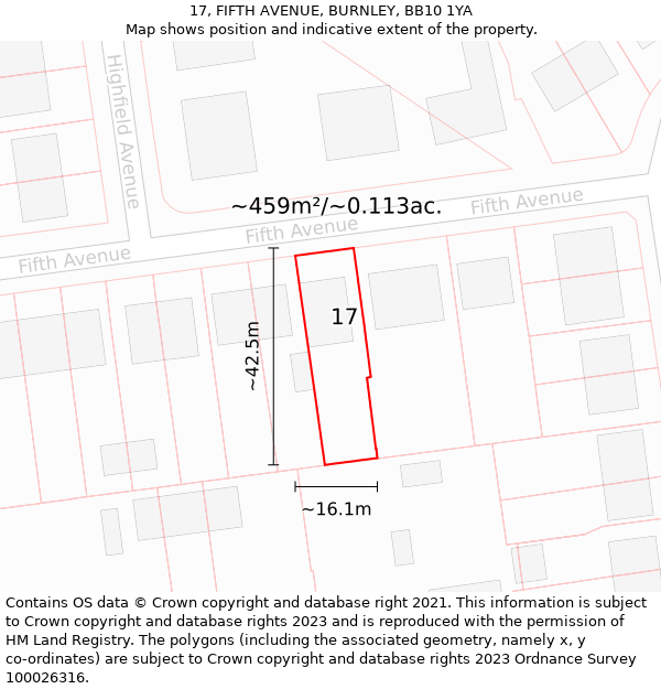 17, FIFTH AVENUE, BURNLEY, BB10 1YA: Plot and title map