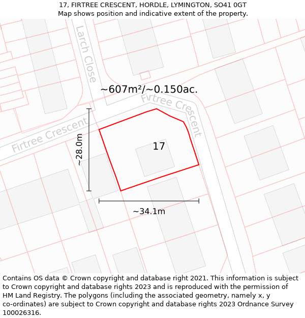 17, FIRTREE CRESCENT, HORDLE, LYMINGTON, SO41 0GT: Plot and title map