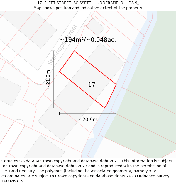 17, FLEET STREET, SCISSETT, HUDDERSFIELD, HD8 9JJ: Plot and title map