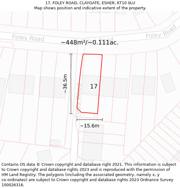 17, FOLEY ROAD, CLAYGATE, ESHER, KT10 0LU: Plot and title map