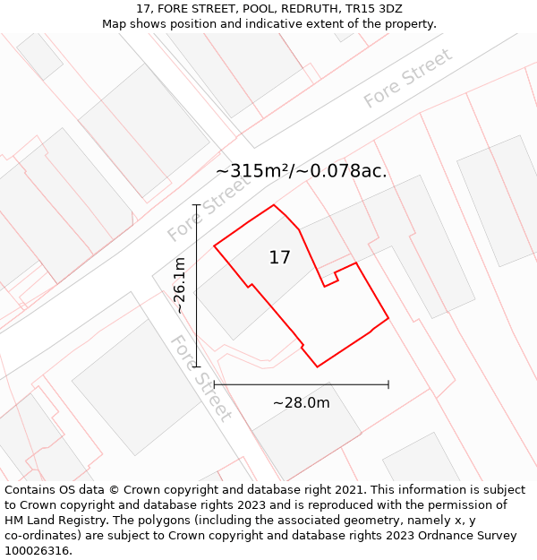 17, FORE STREET, POOL, REDRUTH, TR15 3DZ: Plot and title map