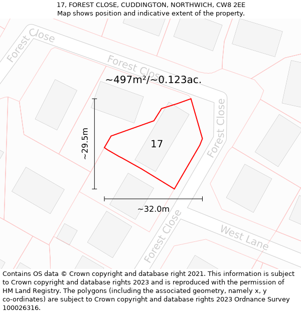 17, FOREST CLOSE, CUDDINGTON, NORTHWICH, CW8 2EE: Plot and title map