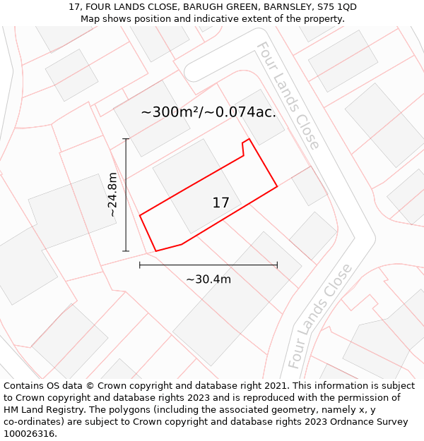 17, FOUR LANDS CLOSE, BARUGH GREEN, BARNSLEY, S75 1QD: Plot and title map