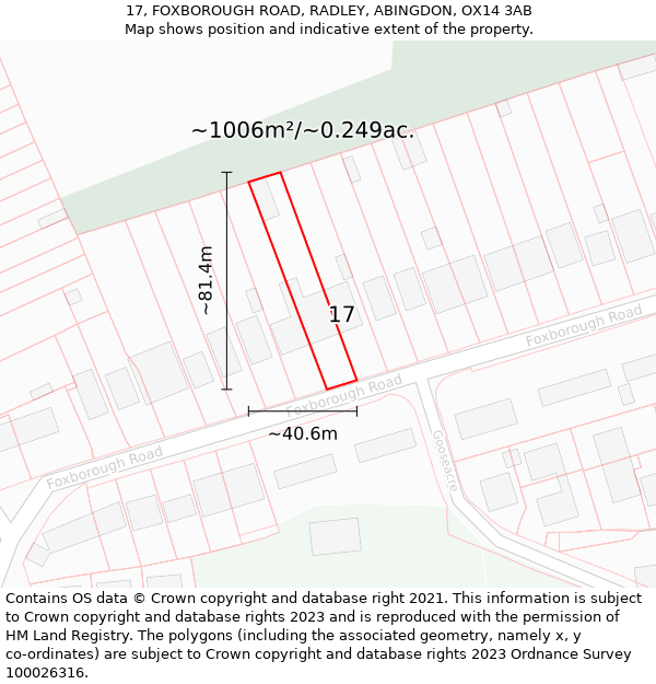 17, FOXBOROUGH ROAD, RADLEY, ABINGDON, OX14 3AB: Plot and title map