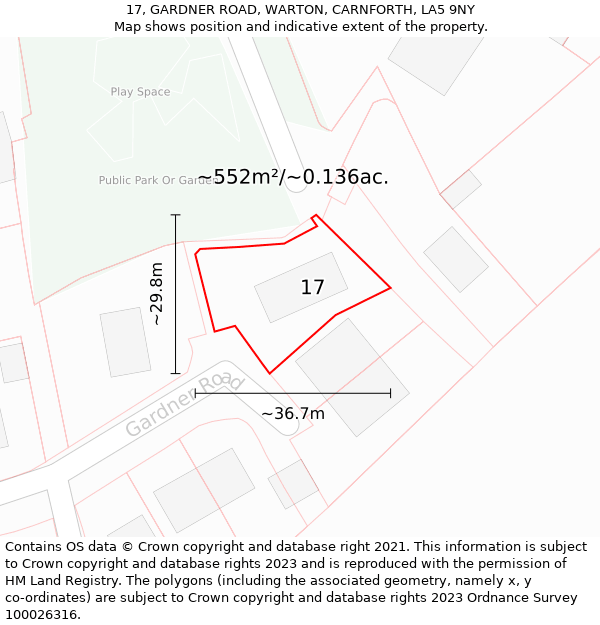 17, GARDNER ROAD, WARTON, CARNFORTH, LA5 9NY: Plot and title map