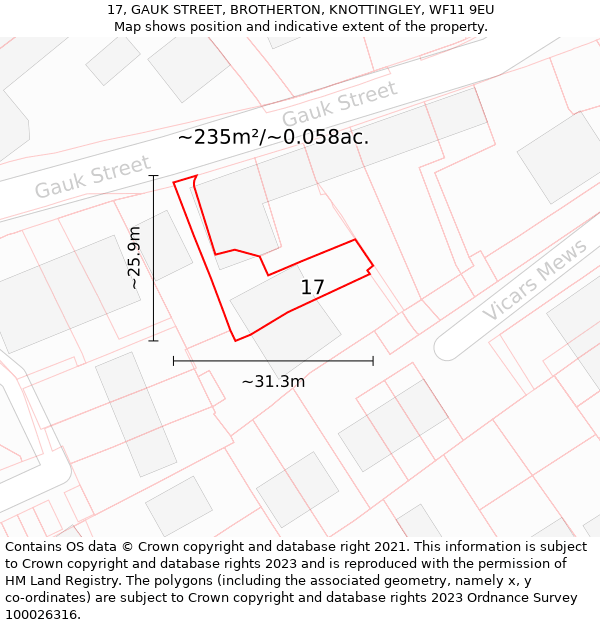 17, GAUK STREET, BROTHERTON, KNOTTINGLEY, WF11 9EU: Plot and title map