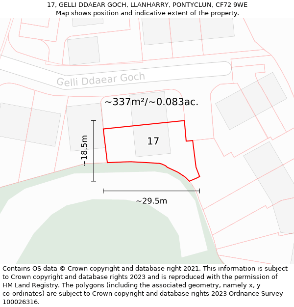 17, GELLI DDAEAR GOCH, LLANHARRY, PONTYCLUN, CF72 9WE: Plot and title map