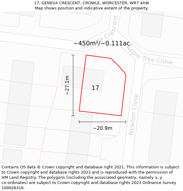 17, GENEVA CRESCENT, CROWLE, WORCESTER, WR7 4AW: Plot and title map