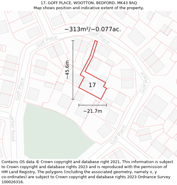 17, GOFF PLACE, WOOTTON, BEDFORD, MK43 9AQ: Plot and title map