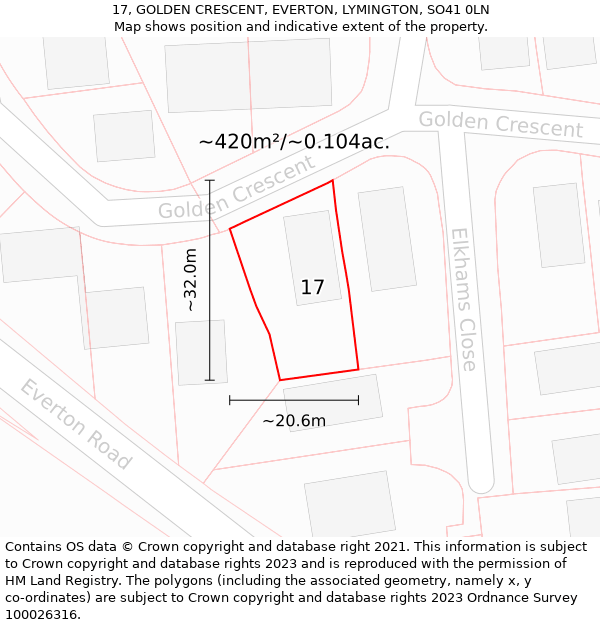 17, GOLDEN CRESCENT, EVERTON, LYMINGTON, SO41 0LN: Plot and title map