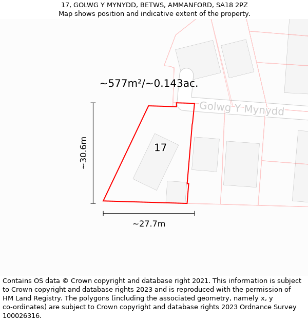 17, GOLWG Y MYNYDD, BETWS, AMMANFORD, SA18 2PZ: Plot and title map