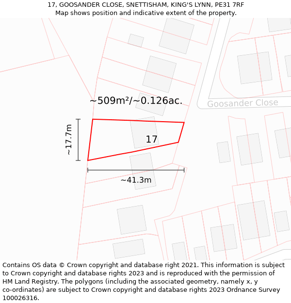 17, GOOSANDER CLOSE, SNETTISHAM, KING'S LYNN, PE31 7RF: Plot and title map