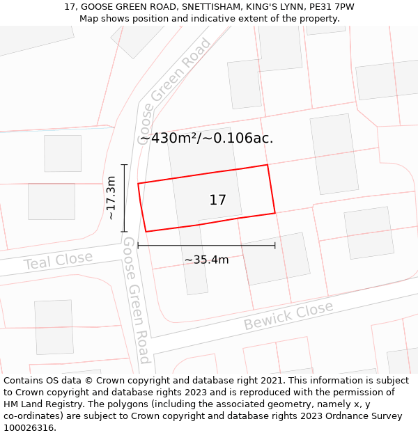 17, GOOSE GREEN ROAD, SNETTISHAM, KING'S LYNN, PE31 7PW: Plot and title map