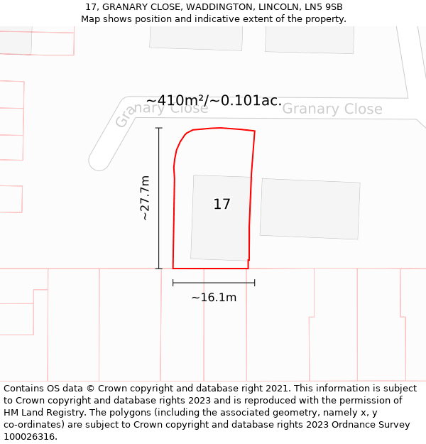 17, GRANARY CLOSE, WADDINGTON, LINCOLN, LN5 9SB: Plot and title map