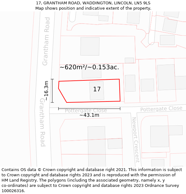 17, GRANTHAM ROAD, WADDINGTON, LINCOLN, LN5 9LS: Plot and title map