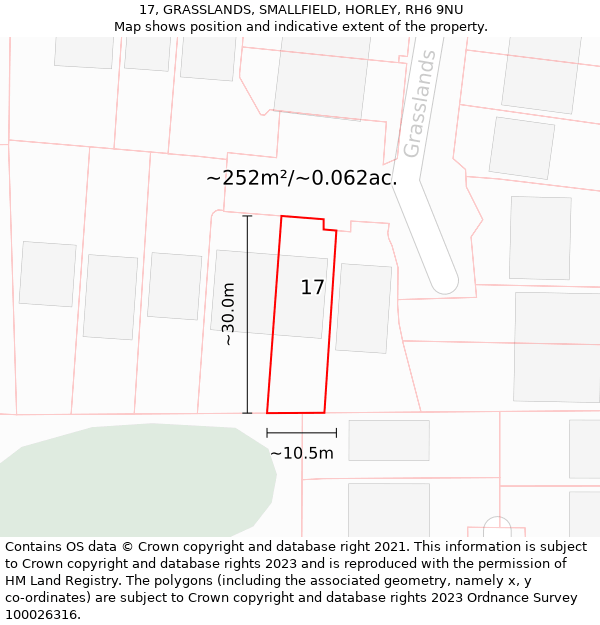 17, GRASSLANDS, SMALLFIELD, HORLEY, RH6 9NU: Plot and title map