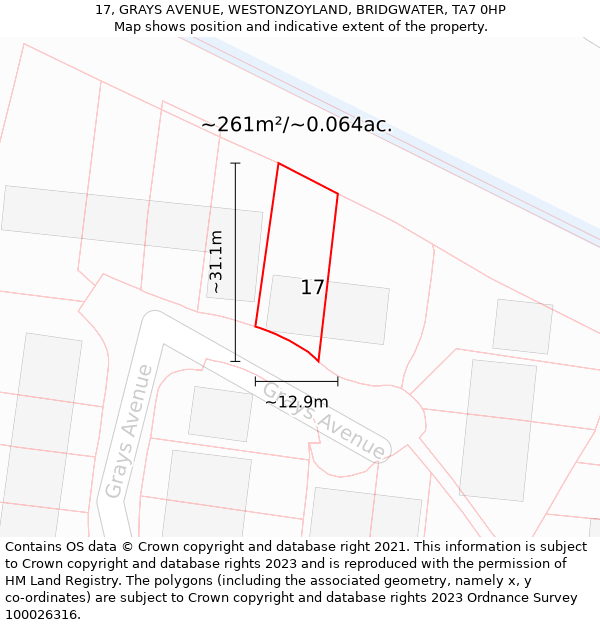 17, GRAYS AVENUE, WESTONZOYLAND, BRIDGWATER, TA7 0HP: Plot and title map