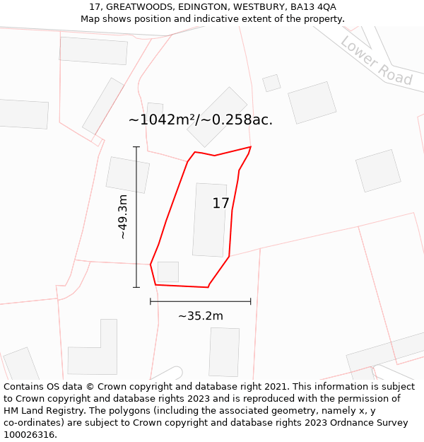 17, GREATWOODS, EDINGTON, WESTBURY, BA13 4QA: Plot and title map