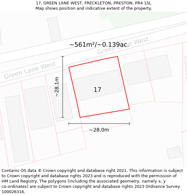 17, GREEN LANE WEST, FRECKLETON, PRESTON, PR4 1SL: Plot and title map