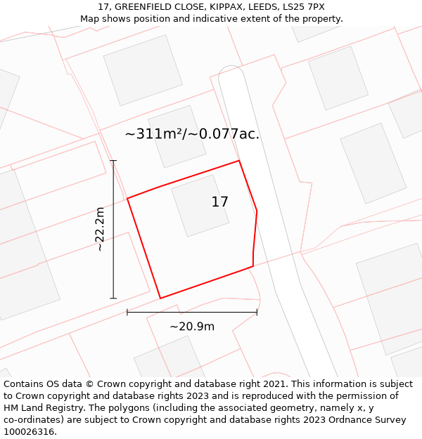 17, GREENFIELD CLOSE, KIPPAX, LEEDS, LS25 7PX: Plot and title map