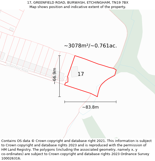 17, GREENFIELD ROAD, BURWASH, ETCHINGHAM, TN19 7BX: Plot and title map