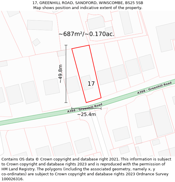 17, GREENHILL ROAD, SANDFORD, WINSCOMBE, BS25 5SB: Plot and title map