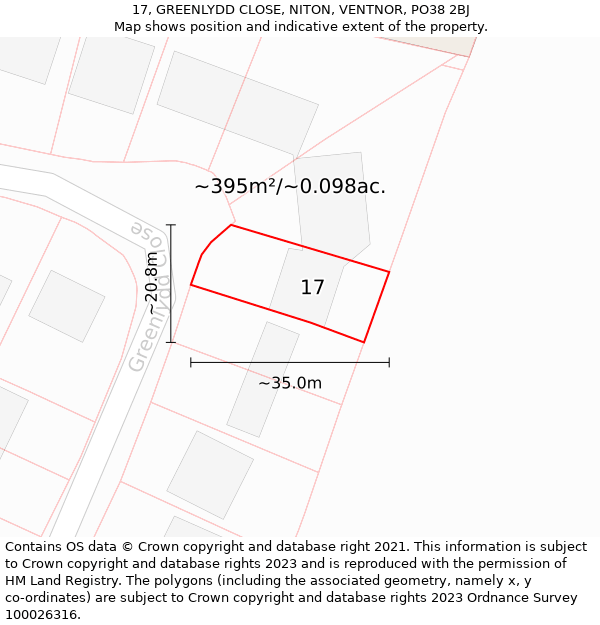 17, GREENLYDD CLOSE, NITON, VENTNOR, PO38 2BJ: Plot and title map