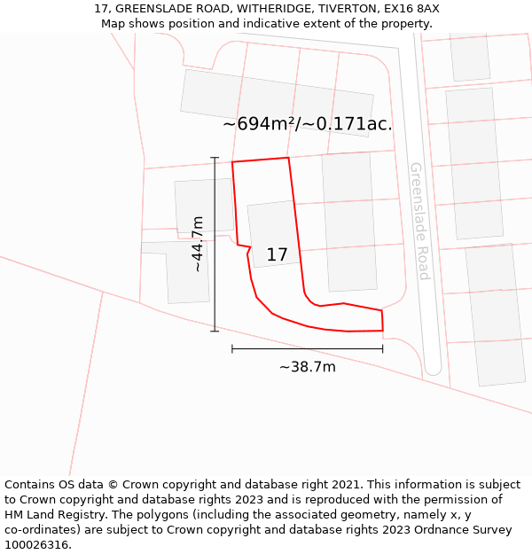 17, GREENSLADE ROAD, WITHERIDGE, TIVERTON, EX16 8AX: Plot and title map