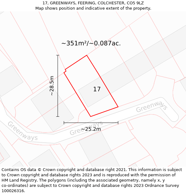 17, GREENWAYS, FEERING, COLCHESTER, CO5 9LZ: Plot and title map