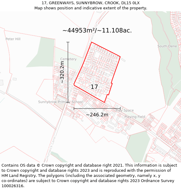 17, GREENWAYS, SUNNYBROW, CROOK, DL15 0LX: Plot and title map