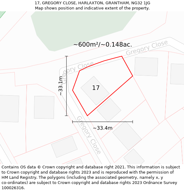 17, GREGORY CLOSE, HARLAXTON, GRANTHAM, NG32 1JG: Plot and title map