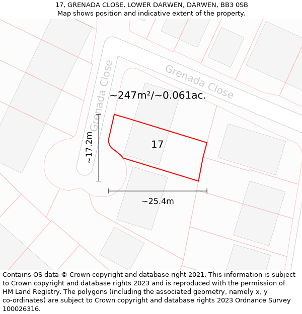 17, GRENADA CLOSE, LOWER DARWEN, DARWEN, BB3 0SB: Plot and title map