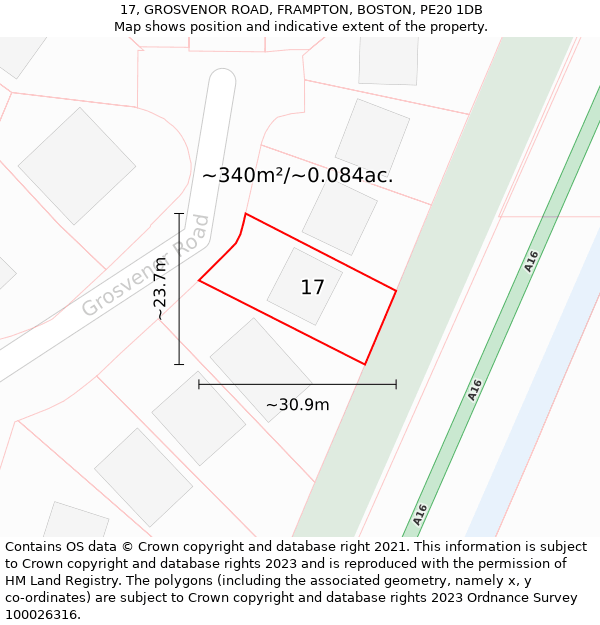 17, GROSVENOR ROAD, FRAMPTON, BOSTON, PE20 1DB: Plot and title map