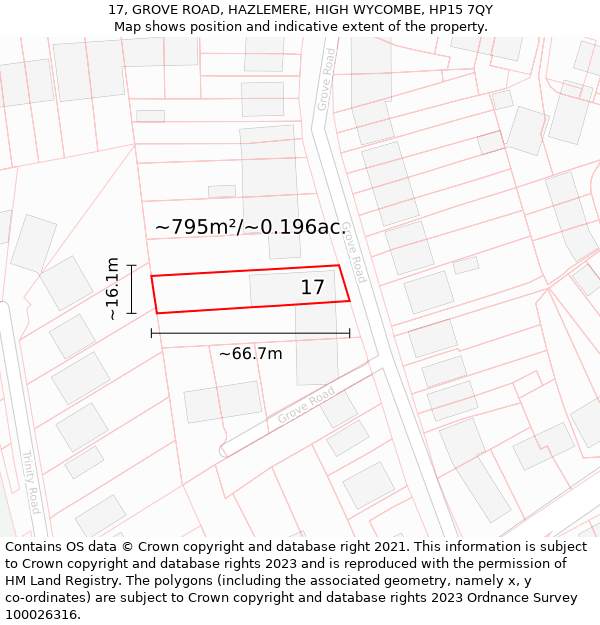 17, GROVE ROAD, HAZLEMERE, HIGH WYCOMBE, HP15 7QY: Plot and title map