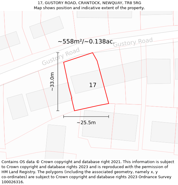 17, GUSTORY ROAD, CRANTOCK, NEWQUAY, TR8 5RG: Plot and title map