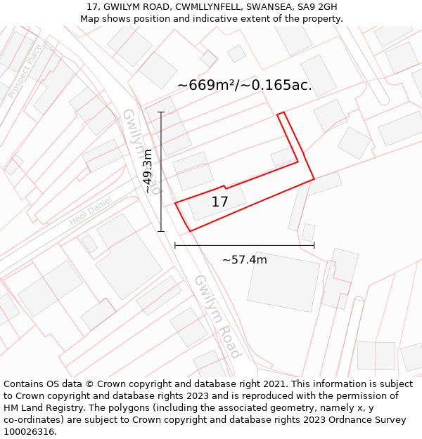 17, GWILYM ROAD, CWMLLYNFELL, SWANSEA, SA9 2GH: Plot and title map