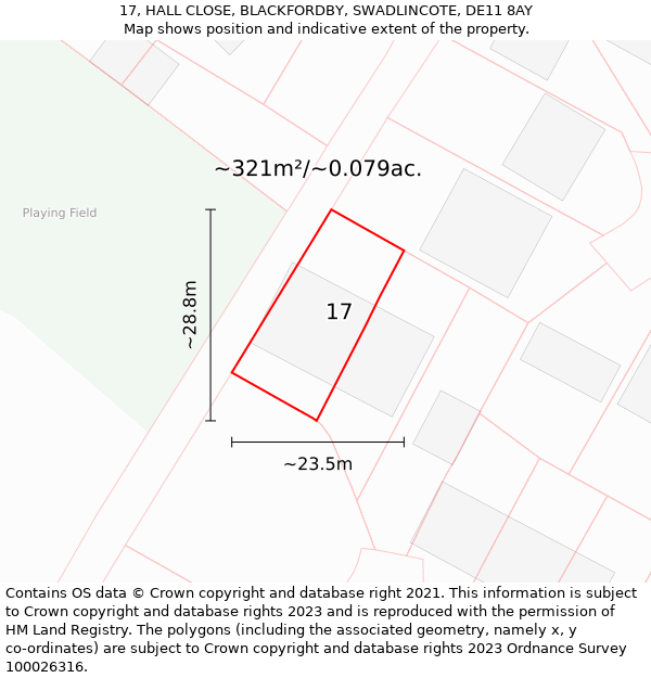 17, HALL CLOSE, BLACKFORDBY, SWADLINCOTE, DE11 8AY: Plot and title map