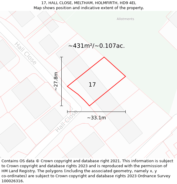 17, HALL CLOSE, MELTHAM, HOLMFIRTH, HD9 4EL: Plot and title map