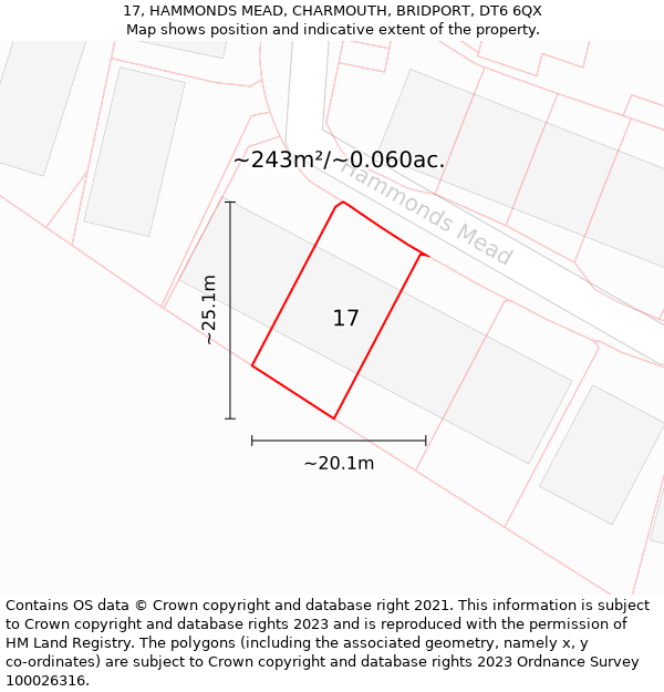 17, HAMMONDS MEAD, CHARMOUTH, BRIDPORT, DT6 6QX: Plot and title map