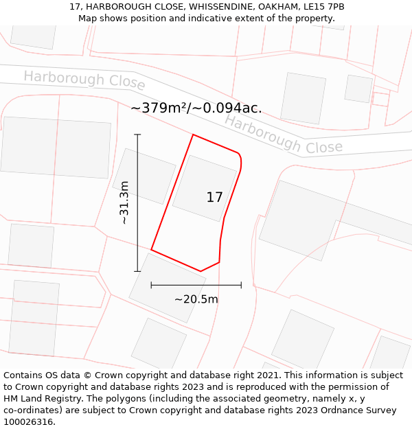 17, HARBOROUGH CLOSE, WHISSENDINE, OAKHAM, LE15 7PB: Plot and title map