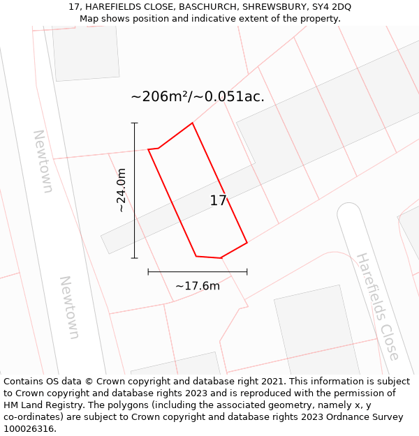 17, HAREFIELDS CLOSE, BASCHURCH, SHREWSBURY, SY4 2DQ: Plot and title map