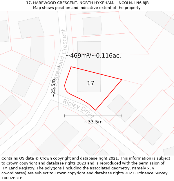 17, HAREWOOD CRESCENT, NORTH HYKEHAM, LINCOLN, LN6 8JB: Plot and title map