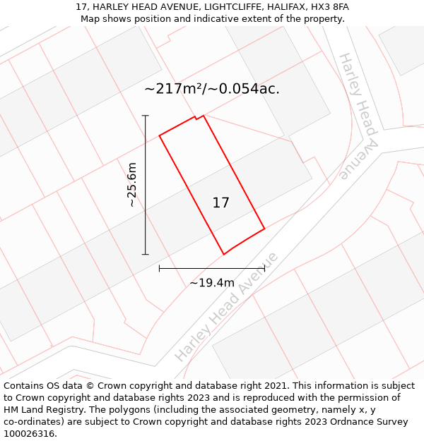 17, HARLEY HEAD AVENUE, LIGHTCLIFFE, HALIFAX, HX3 8FA: Plot and title map