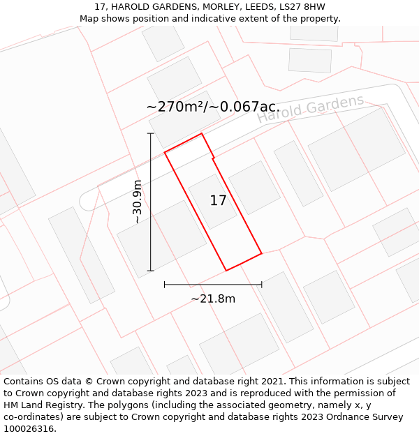 17, HAROLD GARDENS, MORLEY, LEEDS, LS27 8HW: Plot and title map