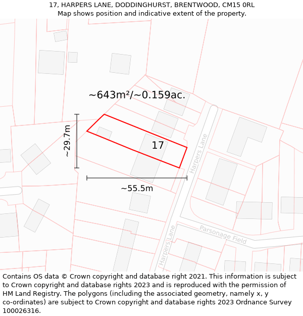 17, HARPERS LANE, DODDINGHURST, BRENTWOOD, CM15 0RL: Plot and title map