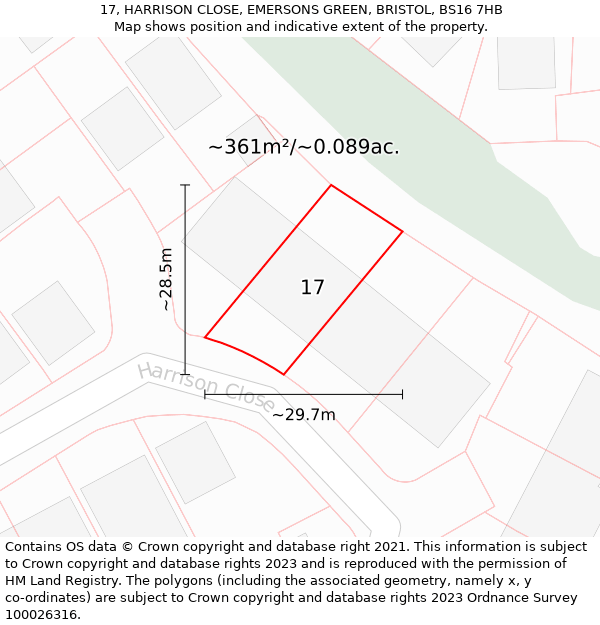 17, HARRISON CLOSE, EMERSONS GREEN, BRISTOL, BS16 7HB: Plot and title map