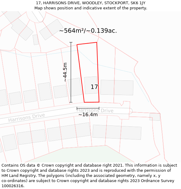 17, HARRISONS DRIVE, WOODLEY, STOCKPORT, SK6 1JY: Plot and title map